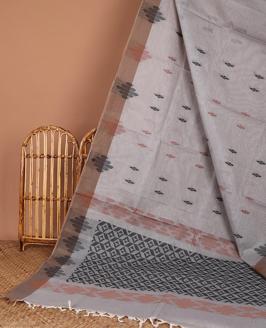 Grey buttas Coimbatore cotton saree, contrast unique design border & intricate pallu