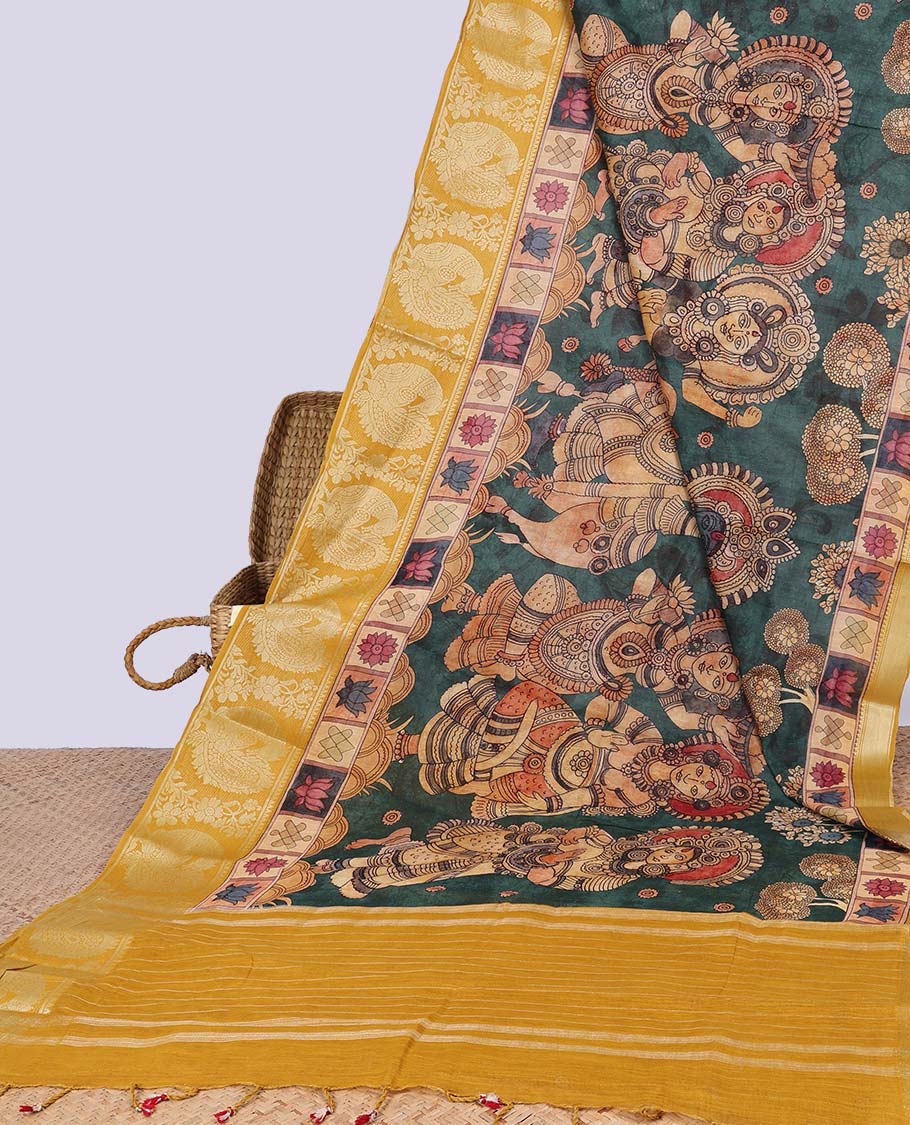 Green madhubani style human motifs chirala cotton saree contrast peacock border & striped pallu
