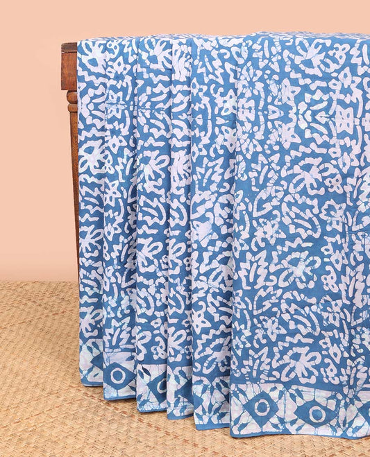 Blue floral batik design mul mul cotton saree with contrast diamond design border & geometric design pallu