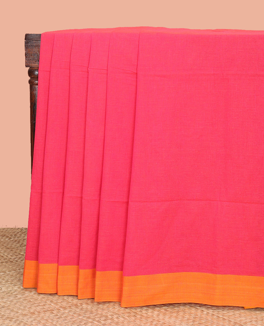 Pink Plain Khadi Cotton Saree, Subtly Sparked with Contrasting Plain Border, Subtly Striped Pallu, and Paired with a Contrast Blouse