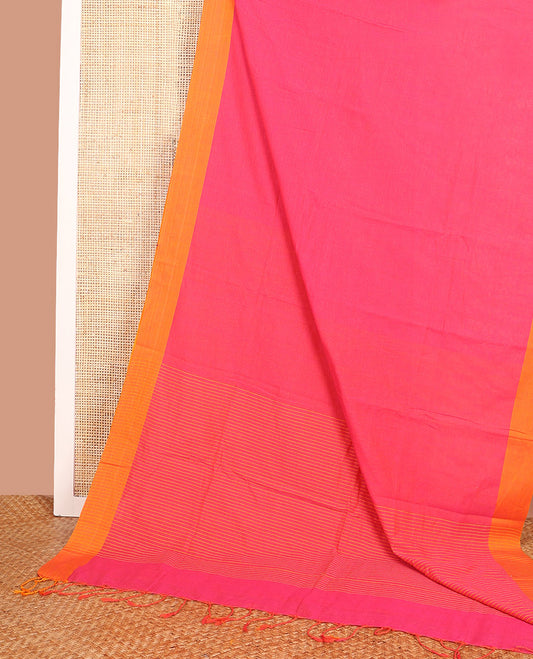 Pink Plain Khadi Cotton Saree, Subtly Sparked with Contrasting Plain Border, Subtly Striped Pallu, and Paired with a Contrast Blouse