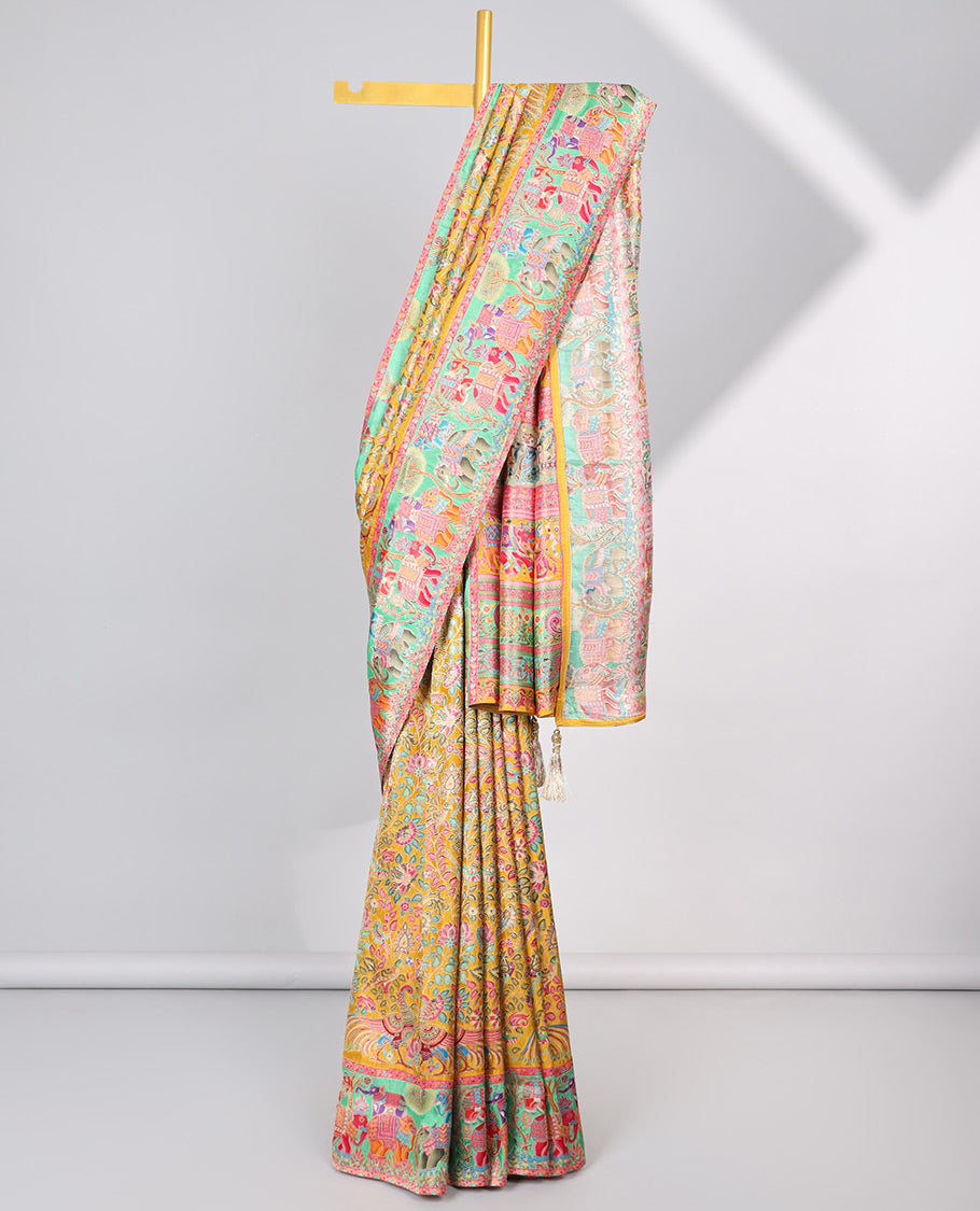 Yellow floral vine printed semi-banaras dola silksaree with contrast floral border & intricate animal motifs pallu