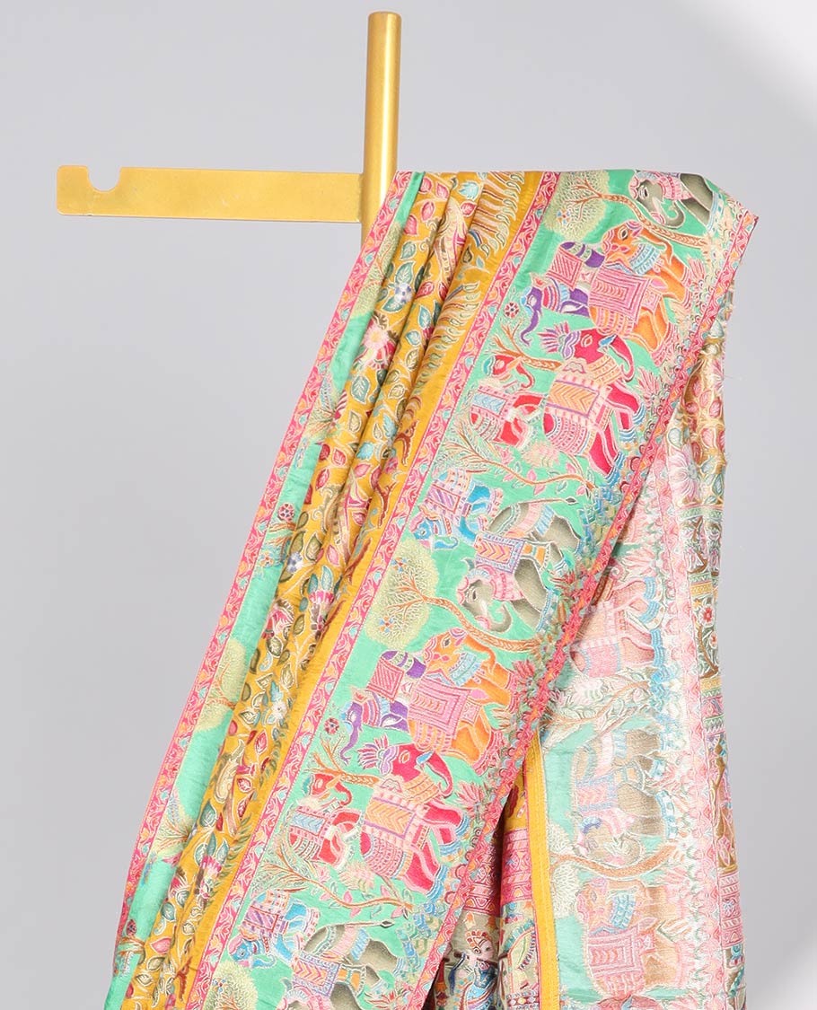 Yellow floral vine printed semi-banaras dola silksaree with contrast floral border & intricate animal motifs pallu