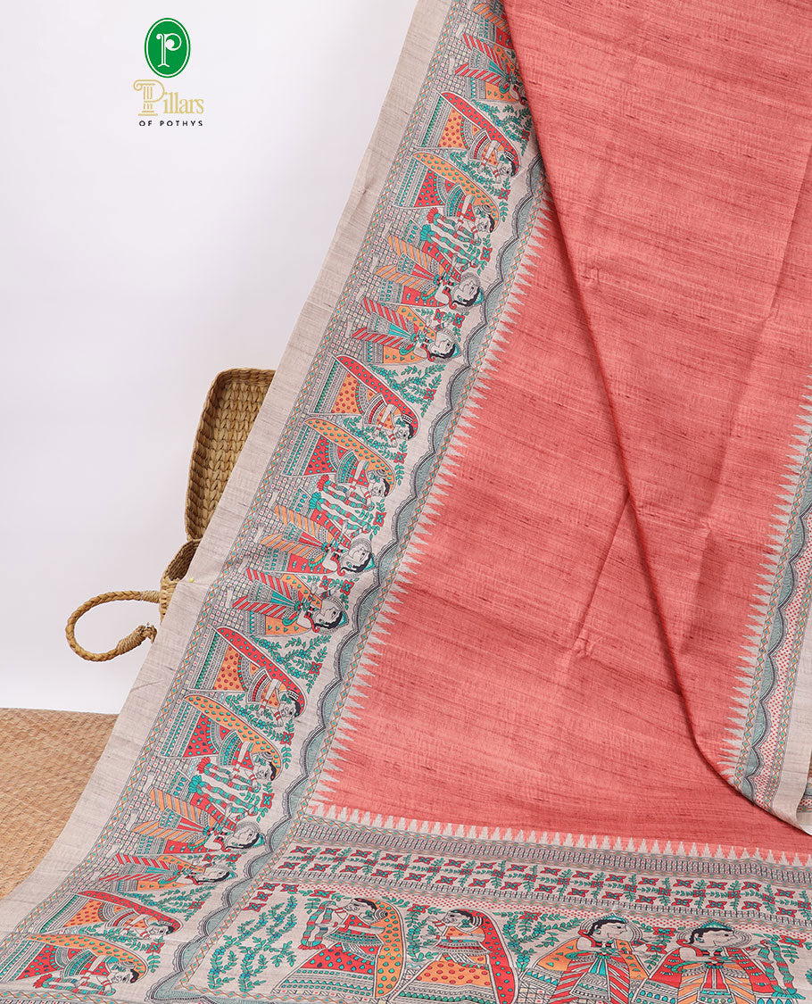 Santhoor Color Semi-Banaras Tussar Saree With Contrast Madhubani Design Border & Floral , madhubani style Pallu