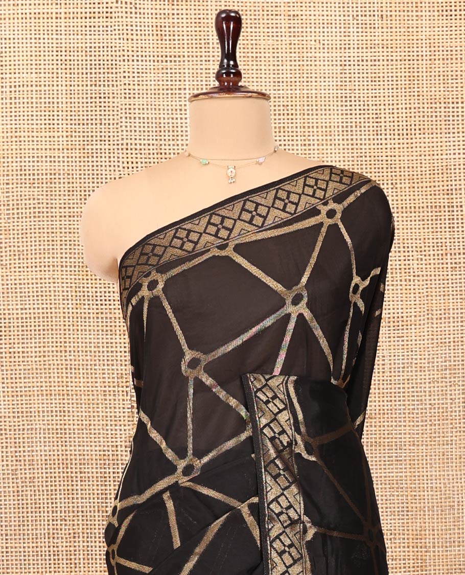 Black Chanderi Cotton Saree, Bedecked with Geometric Web-Patterns Weave On Its Body, Subtle Geometric Border, Pallu of Geometric Weave, and Paired with a Matching Blouse