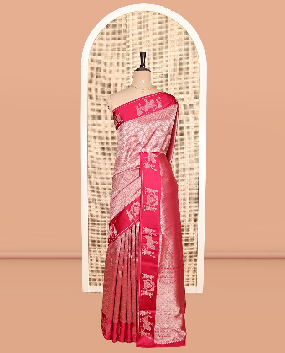 Rani Pink Russian Dola Silk Saree Features Jacquard, Wedding-Themed Border, Jaal Pallu, Matching Blouse