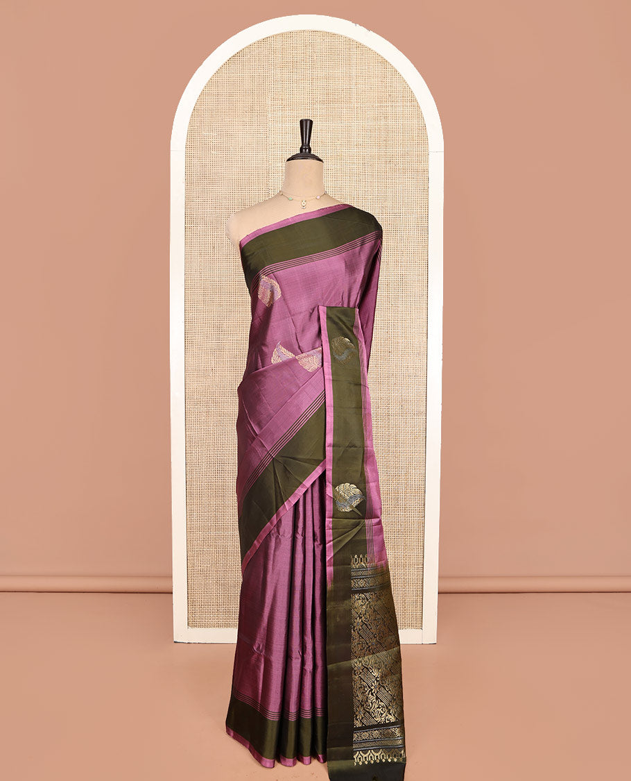 Onion Pink-Mehendi Zari Buttas Mayuri Lite Silkmix Saree, Contrast Border, Grand Pallu, Contrast Blouse