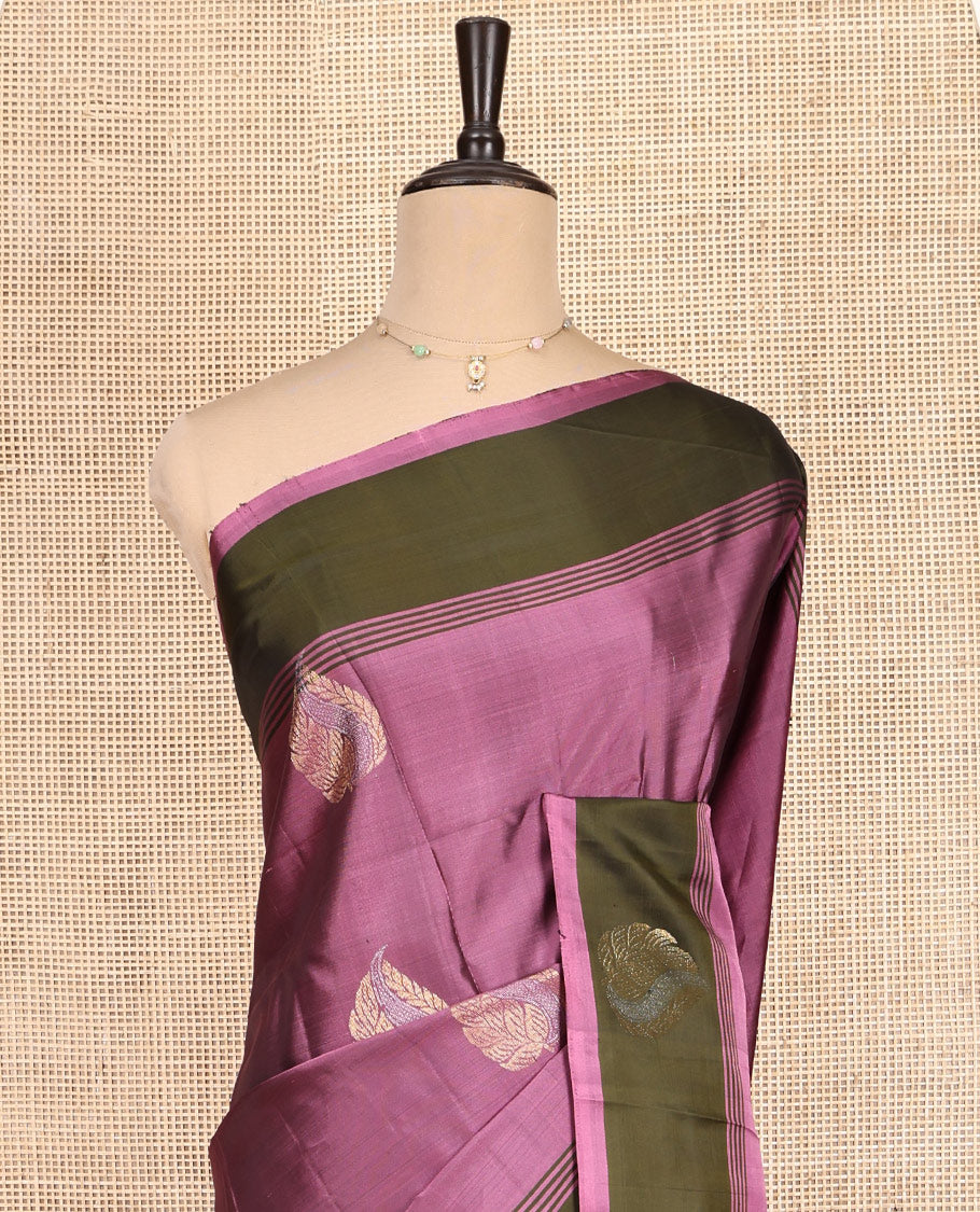 Onion Pink-Mehendi Zari Buttas Mayuri Lite Silkmix Saree, Contrast Border, Grand Pallu, Contrast Blouse