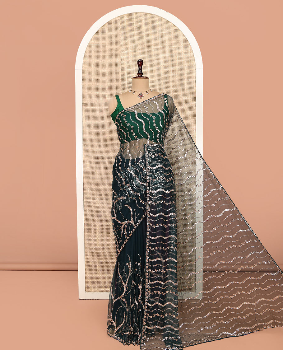 Teal Blue Zig-Zag Sequin Striped Net Designer Saree with a Matching Blouse