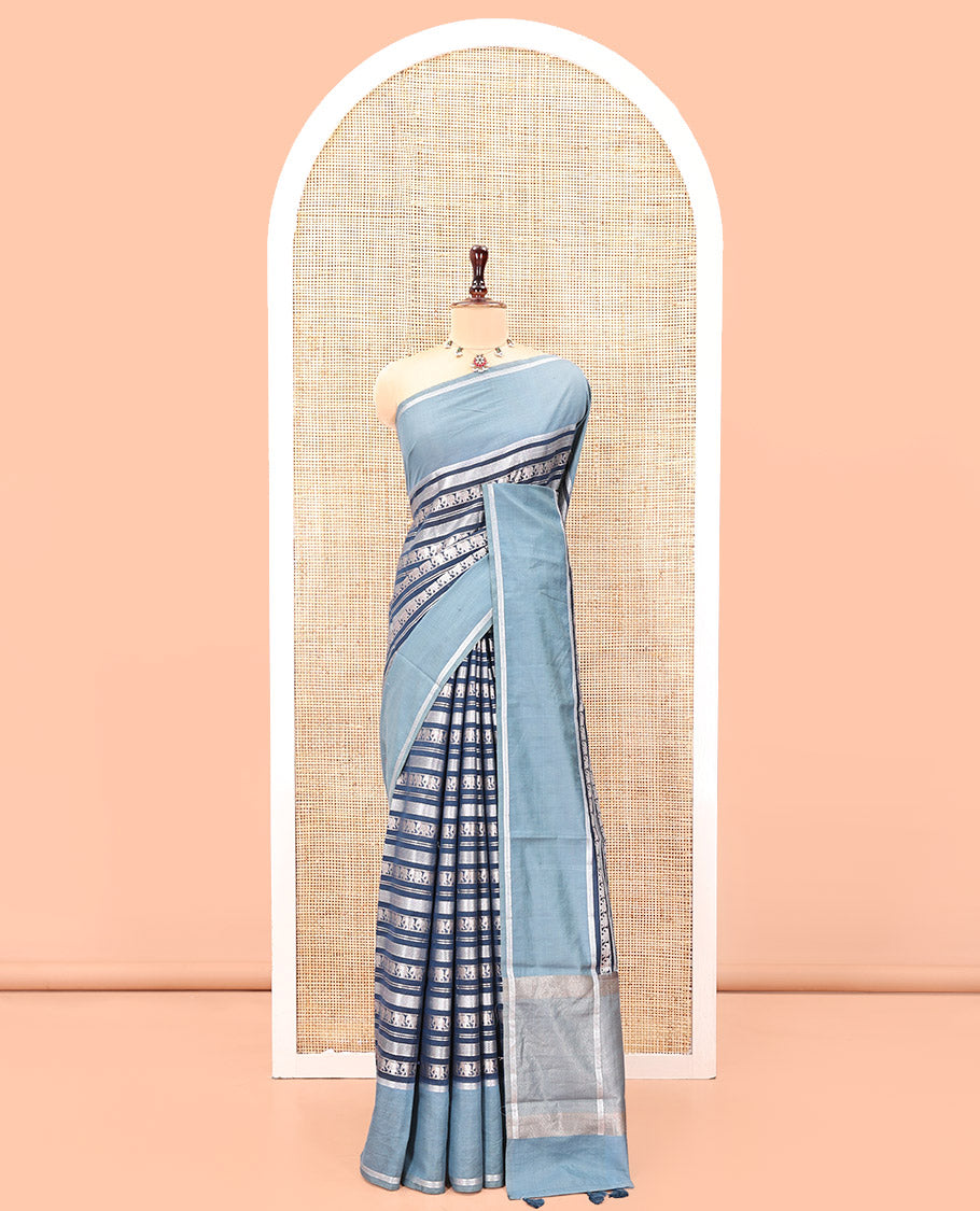 Navy Blue Organza Saree, Richly Zari Detailed with Geometric and Elephant Motifs All Over Its Body, Complemented by Captivating Contrast Zari Border, Zari Decked Up Pallu, and Paired with a Contrast Blouse