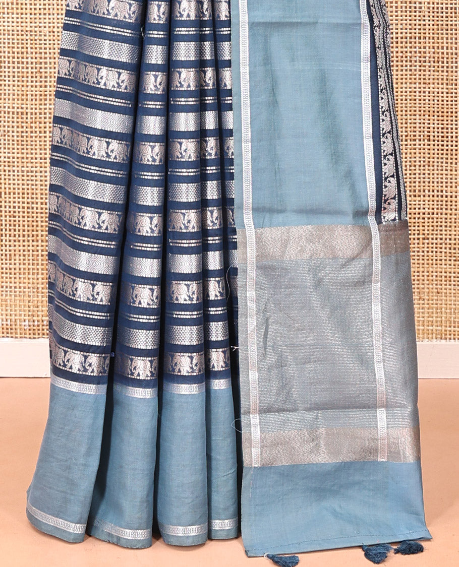 Navy Blue Organza Saree, Richly Zari Detailed with Geometric and Elephant Motifs All Over Its Body, Complemented by Captivating Contrast Zari Border, Zari Decked Up Pallu, and Paired with a Contrast Blouse