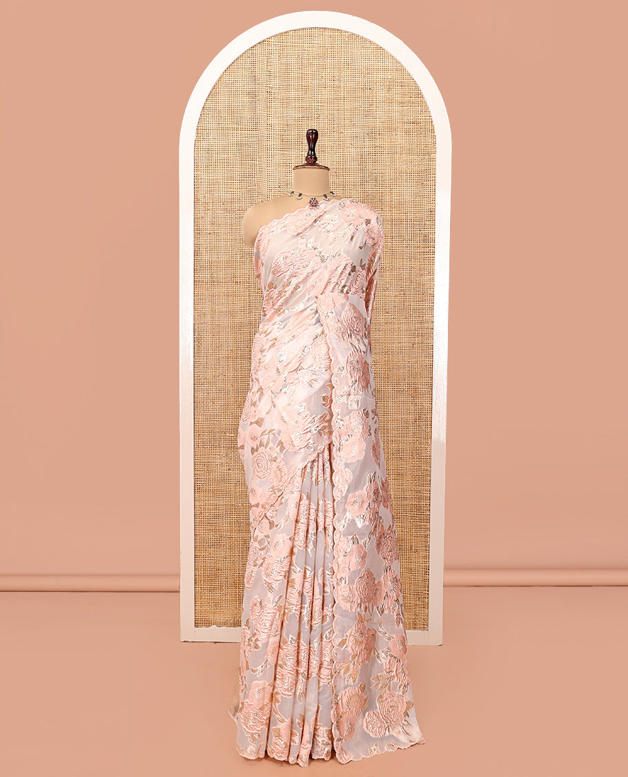 Peach Turkey Organza Saree, Floral Glitterwork, Scallop Border, Embroidered Blouse