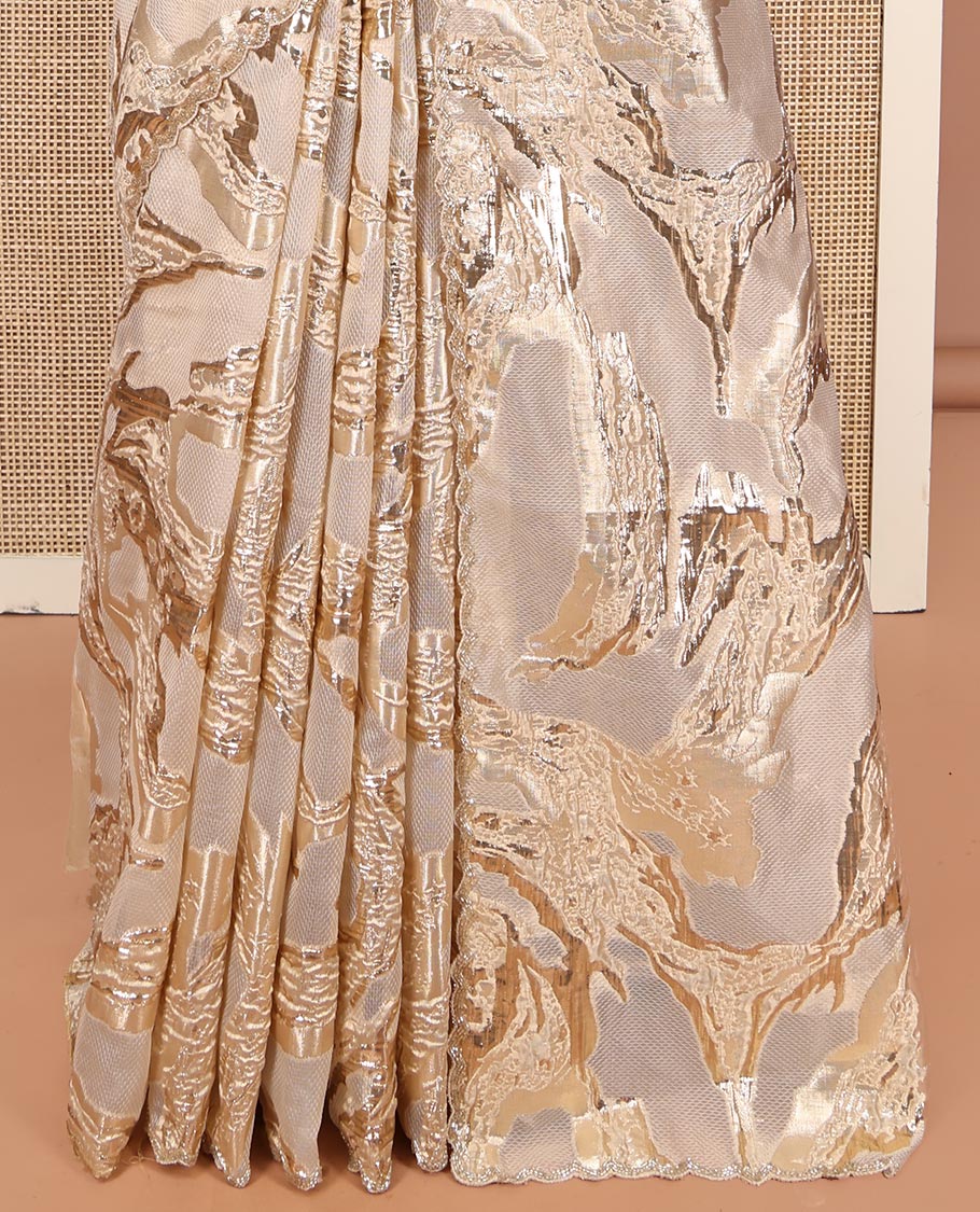 Gold Turkey Organza Saree Features Geometric Glitterwork, Scallop Beadwork Border, Embroidered Blouse