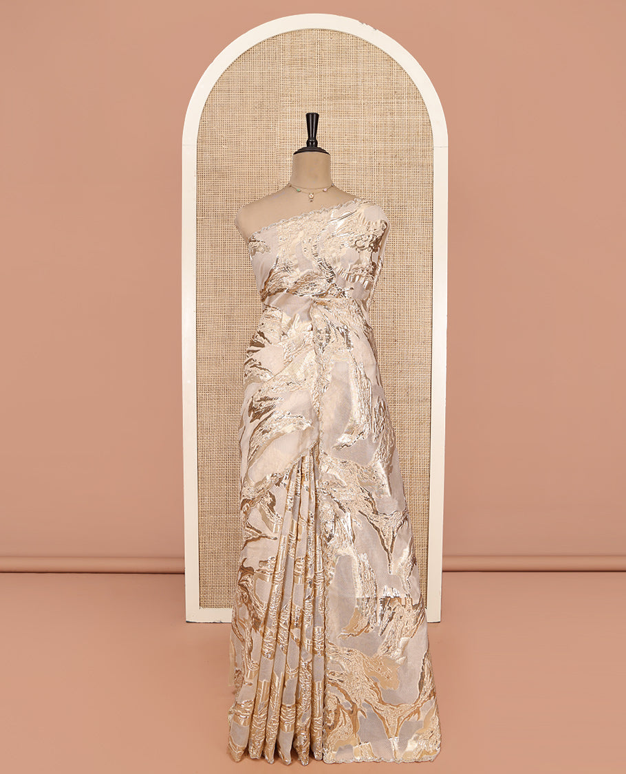 Gold Turkey Organza Saree Features Geometric Glitterwork, Scallop Beadwork Border, Embroidered Blouse