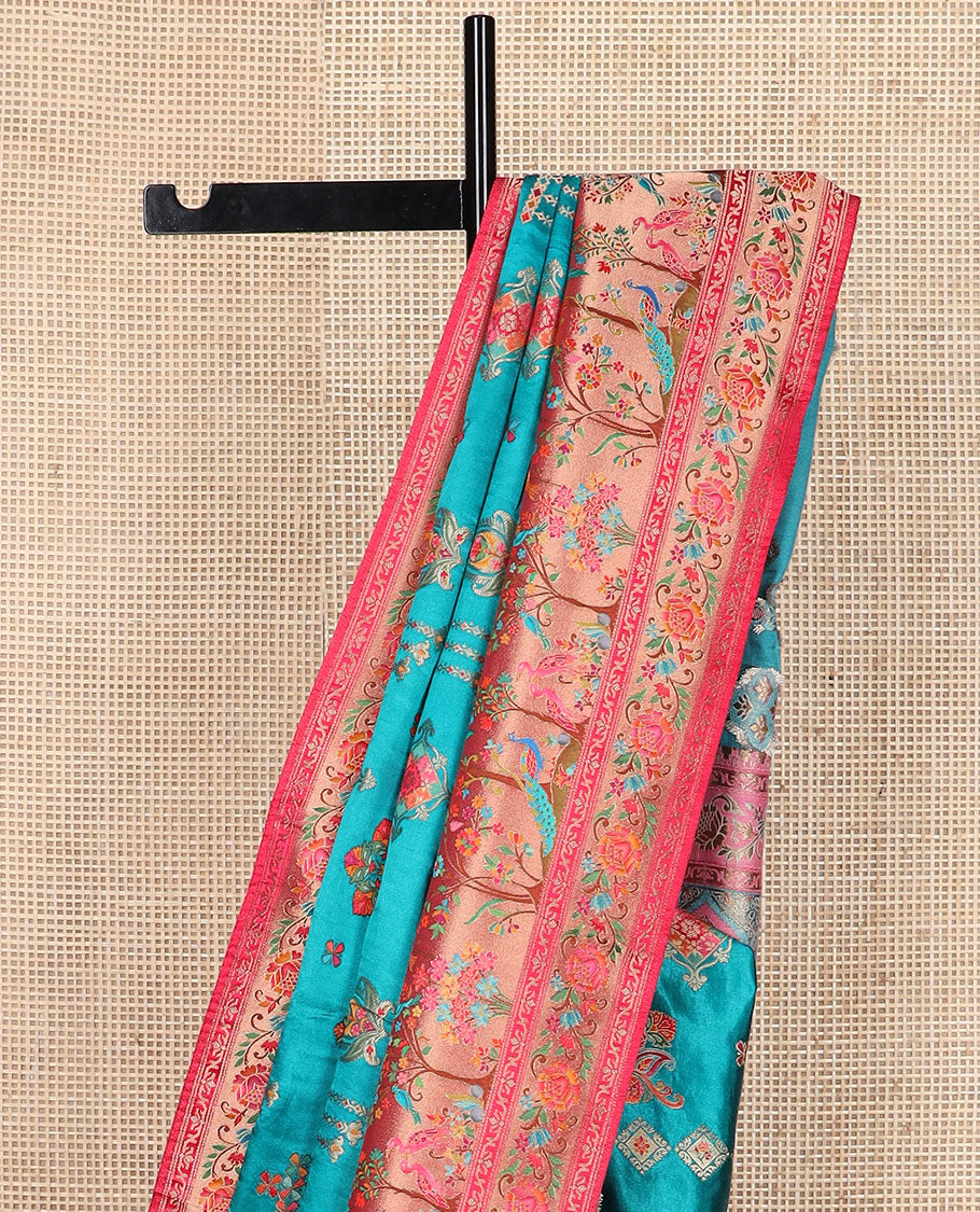 Blue meenakari-style floral printed dola satin silk saree, contrast Tree of life with birds printed border & Mughal-style pallu