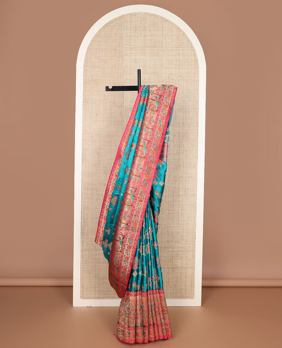 Blue meenakari-style floral printed dola satin silk saree, contrast Tree of life with birds printed border & Mughal-style pallu