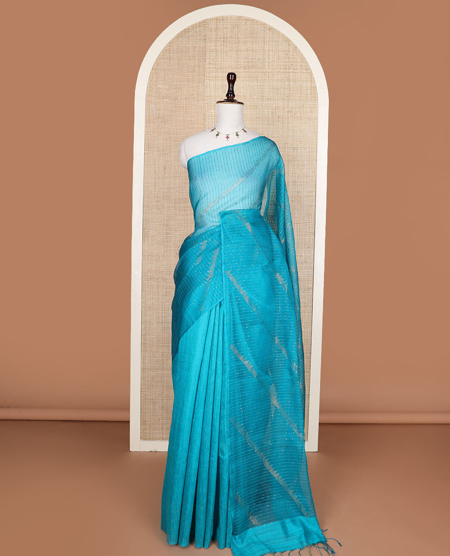 Borderless blue sequins embroidery and temple design, organza silk saree