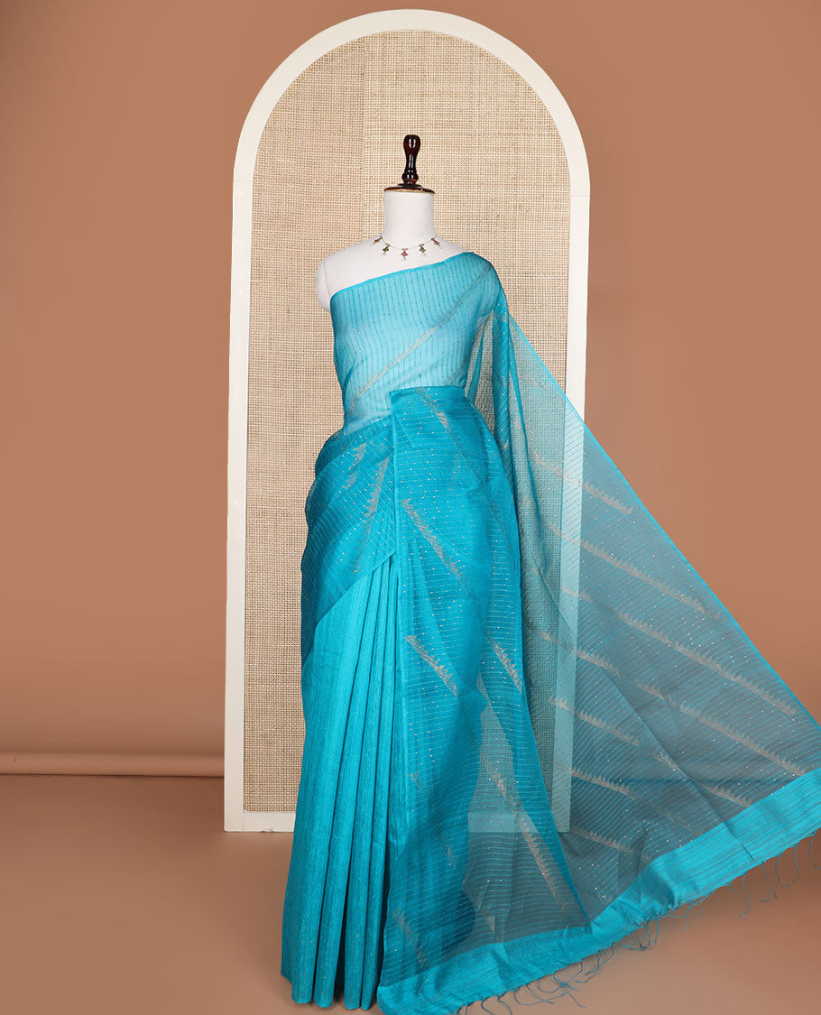 Borderless blue sequins embroidery and temple design, organza silk saree