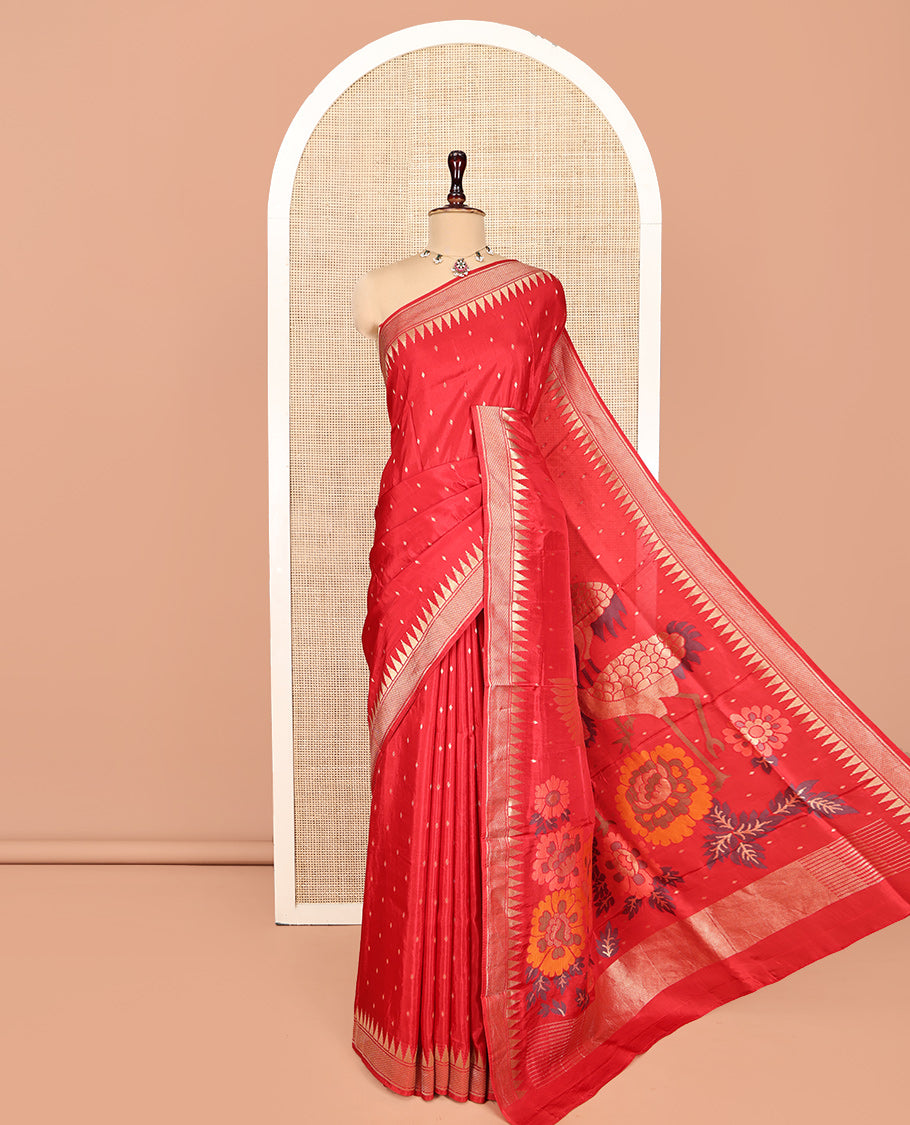 Red HO-Silk Saree, Elevated with Diamond Buttas All Over Its Body, Highlighted by Temple Border, Complemented by Pallu Depicting Floral and Crane Motifs, Paired with a Matching Blouse