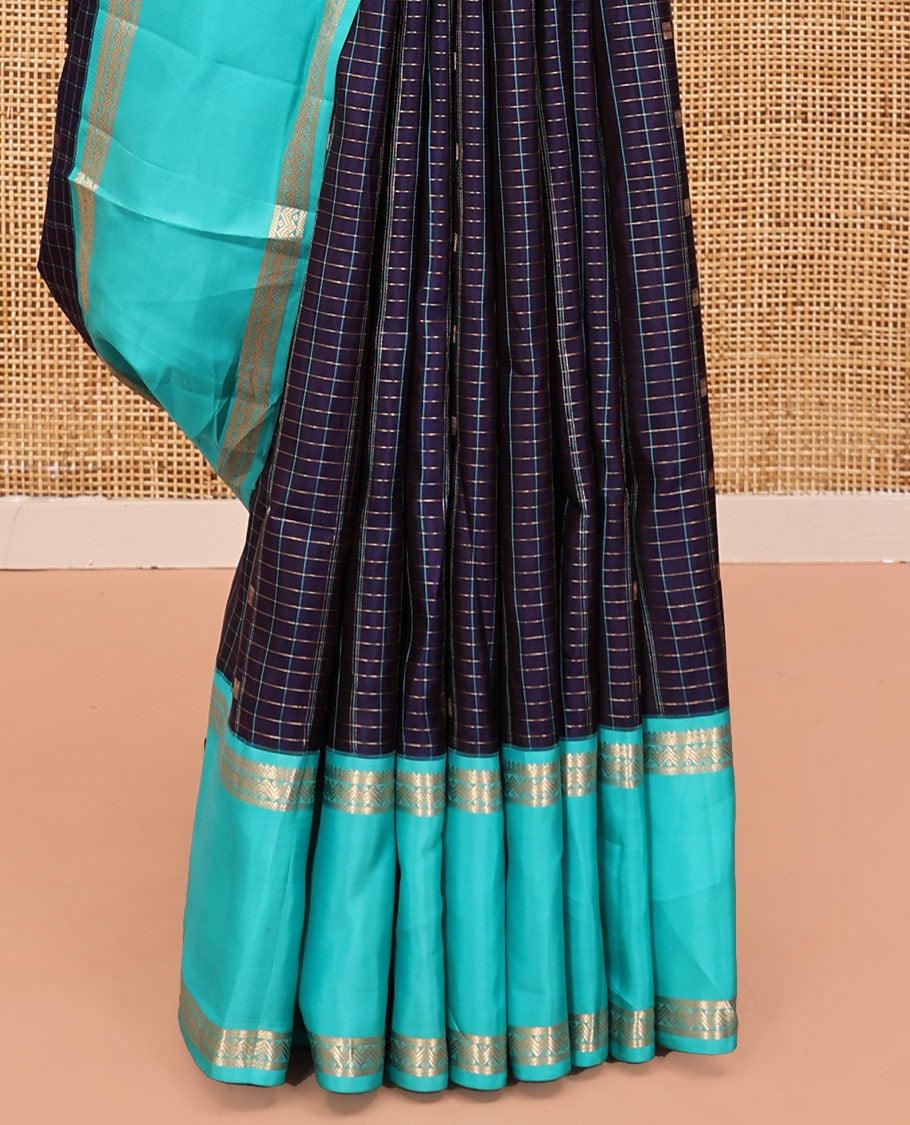 Navy Blue-Sapphire Blue Vasundhara Silk Saree Features Zari Butta and Checks, Contrast Rettai Pettu Border, Jaal Pallu, and a Contrast Blouse