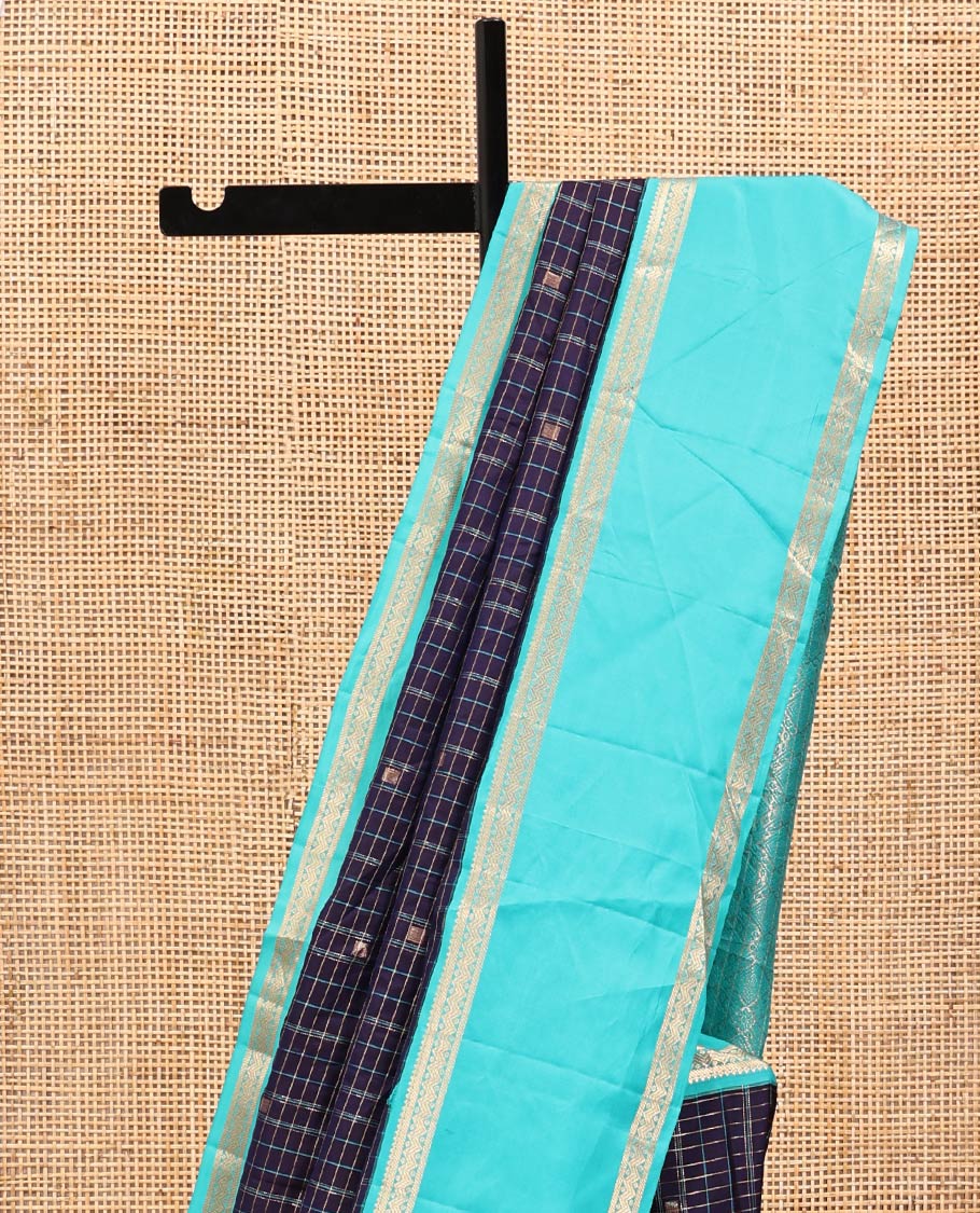 Navy Blue-Sapphire Blue Vasundhara Silk Saree Features Zari Butta and Checks, Contrast Rettai Pettu Border, Jaal Pallu, and a Contrast Blouse