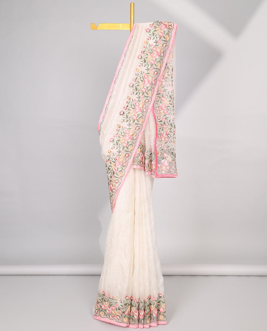 White motifs embroidery net designer saree with self floral border & floral embroidery pallu 