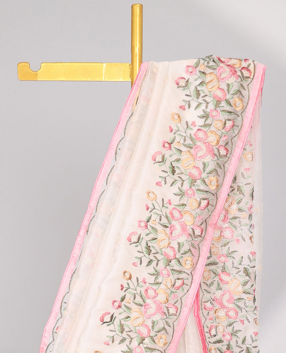 White motifs embroidery net designer saree with self floral border & floral embroidery pallu 