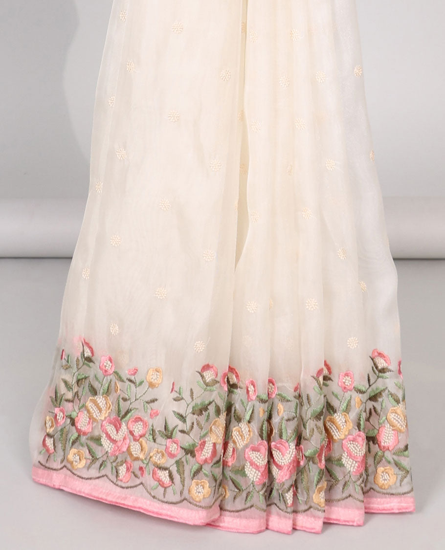 White motifs embroidery net designer saree with self floral border & floral embroidery pallu 