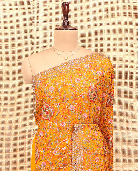 Yellow Designer Saree, Gracefully Embellished with Floral Mixed Embroidery, a Stone Work Scallop Border, and a Matching Blouse