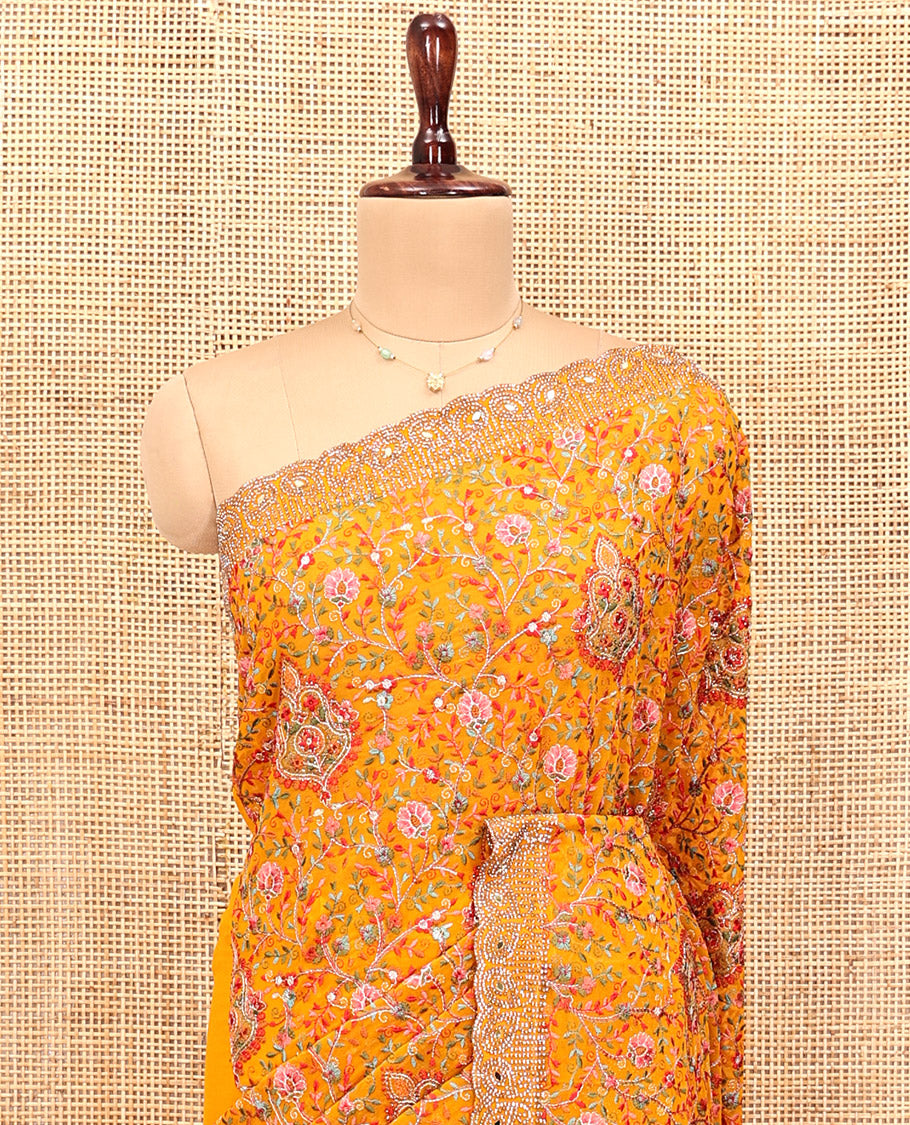 Yellow Designer Saree, Gracefully Embellished with Floral Mixed Embroidery, a Stone Work Scallop Border, and a Matching Blouse