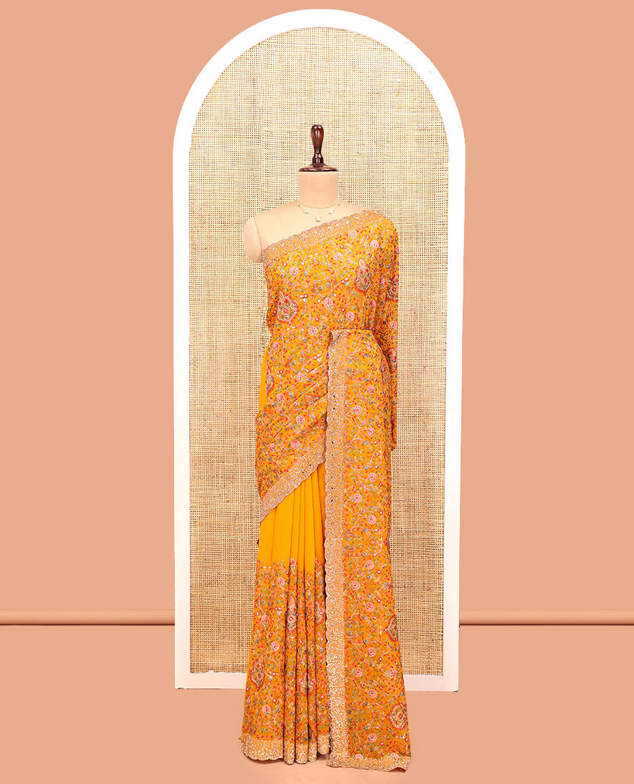 Yellow Designer Saree, Gracefully Embellished with Floral Mixed Embroidery, a Stone Work Scallop Border, and a Matching Blouse