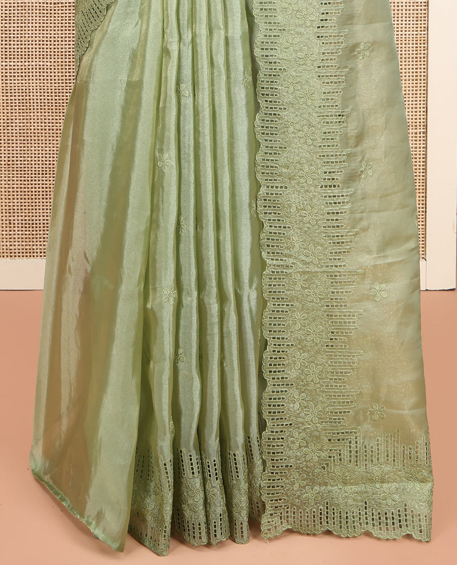 Green Designer Saree, Subtly Sparkled with Flower Thread Embroidery, Scallop Cut-Embroidered Border, and Embroidered Matching Blouse