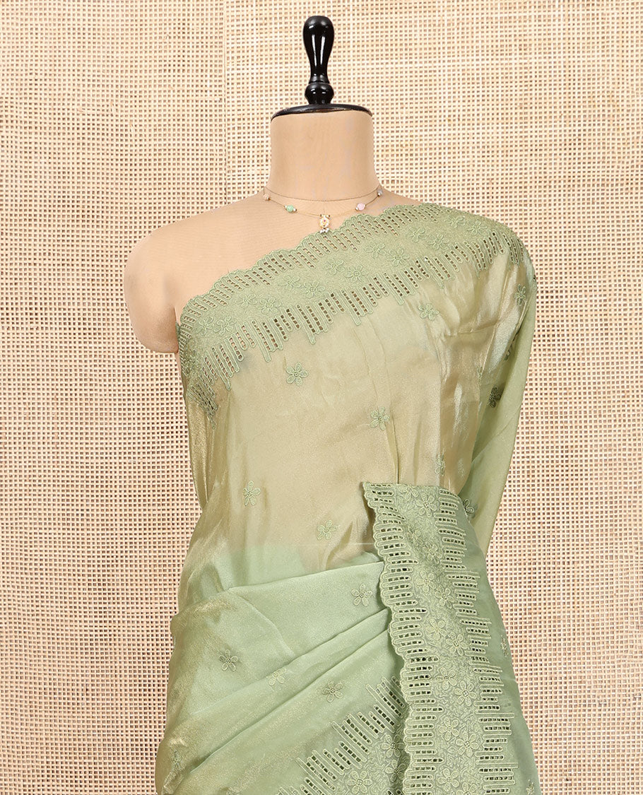 Green Designer Saree, Subtly Sparkled with Flower Thread Embroidery, Scallop Cut-Embroidered Border, and Embroidered Matching Blouse