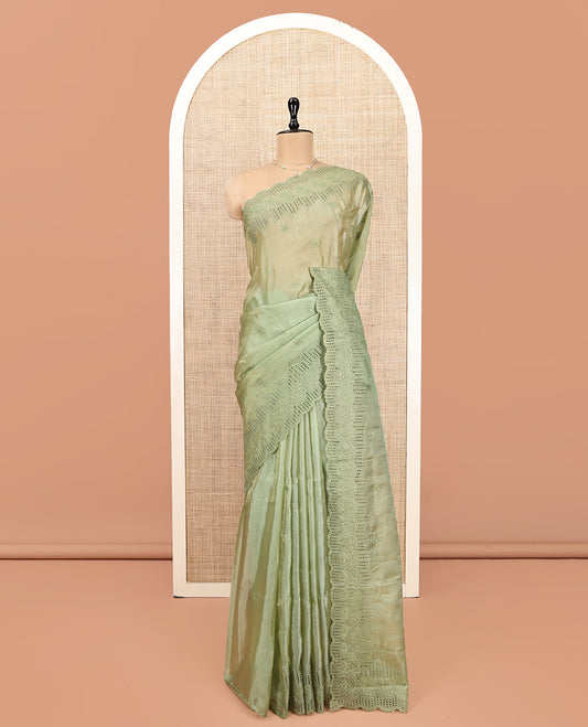 Green Designer Saree, Subtly Sparkled with Flower Thread Embroidery, Scallop Cut-Embroidered Border, and Embroidered Matching Blouse