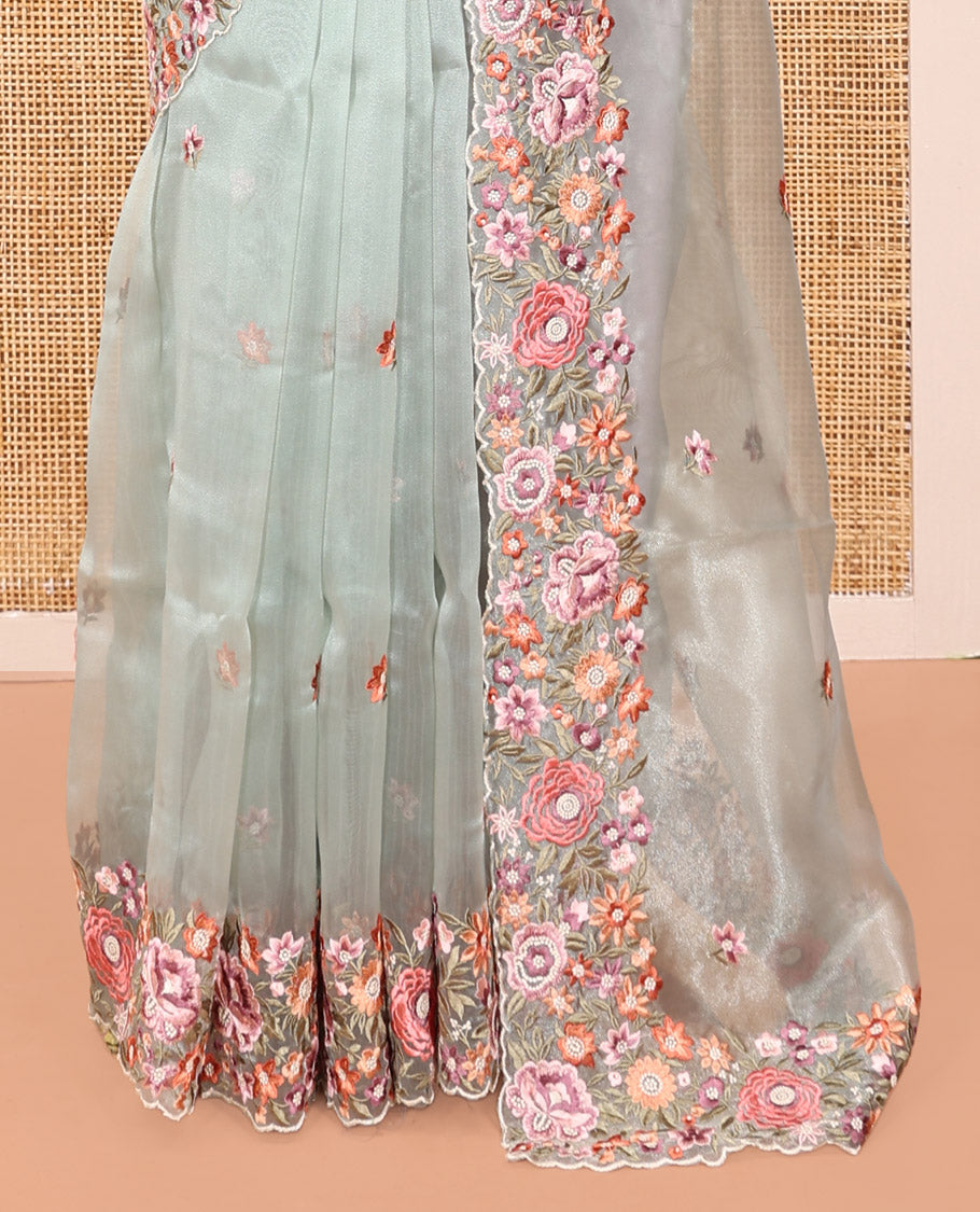 Green Organza Saree, Mesmerized with Floral Thread Buttas, Scallop Floral Embroidery Border, and Matching Blouse