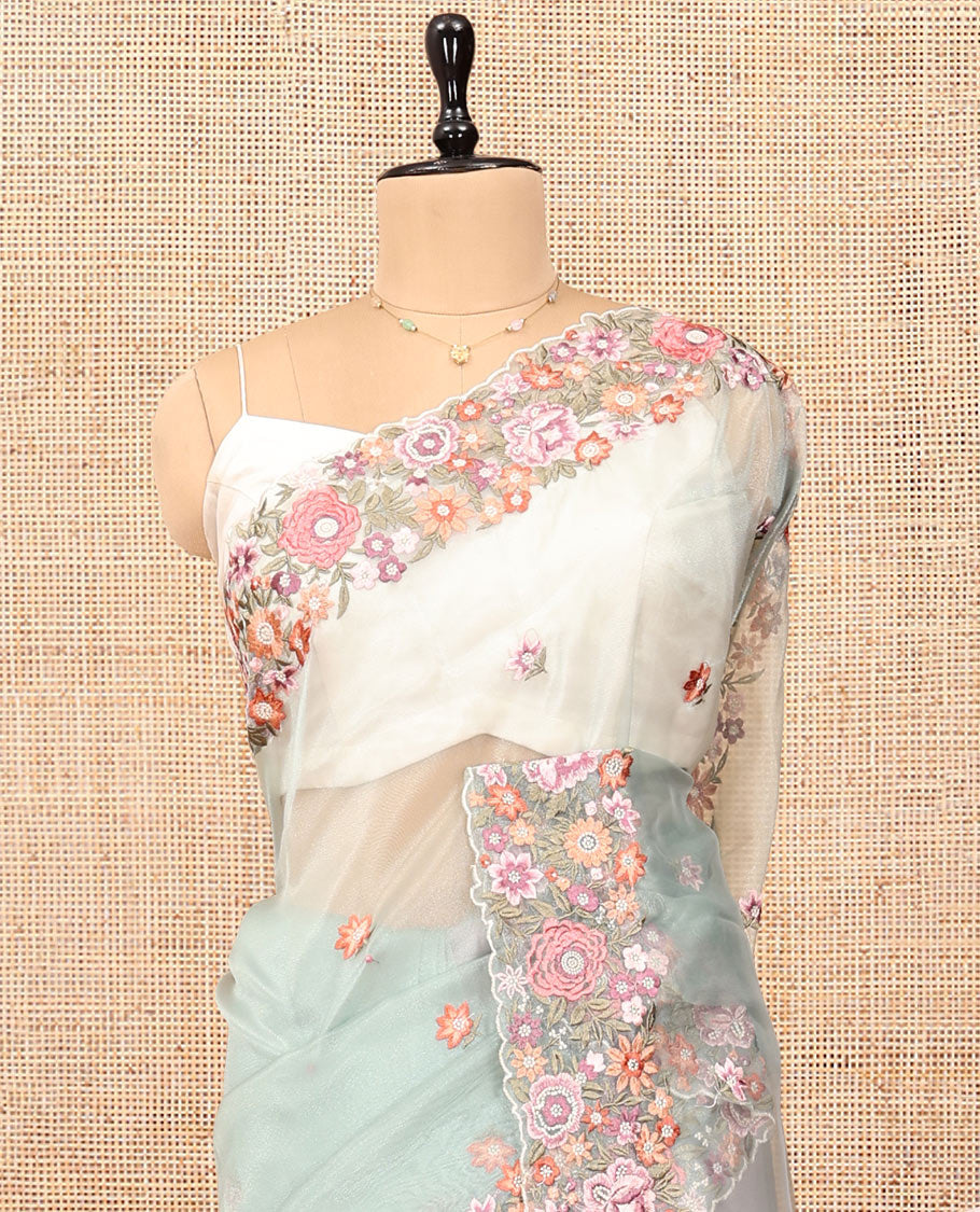 Green Organza Saree, Mesmerized with Floral Thread Buttas, Scallop Floral Embroidery Border, and Matching Blouse