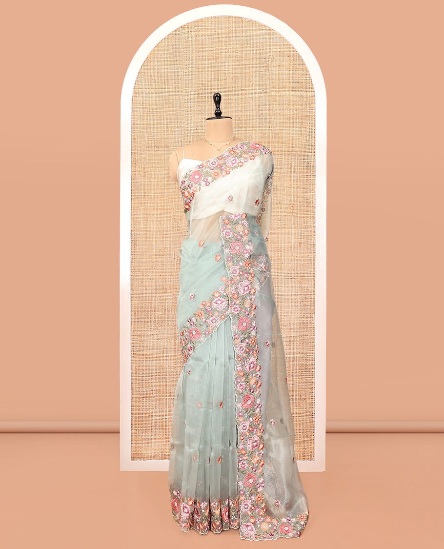 Green Organza Saree, Mesmerized with Floral Thread Buttas, Scallop Floral Embroidery Border, and Matching Blouse