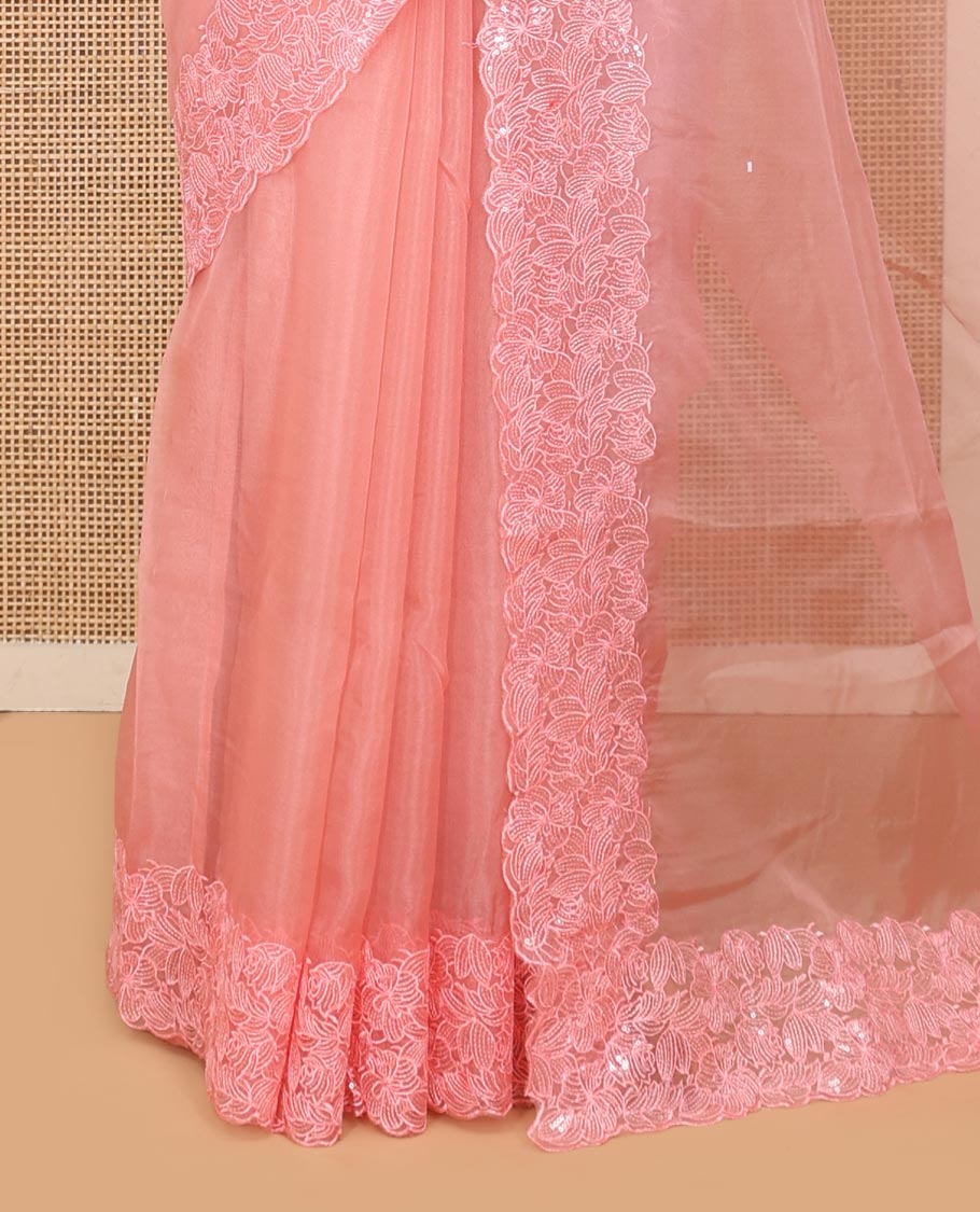 Pink Plain Organza Saree, a Scallop Floral Sequins Embroidered Border, and a Matching Blouse