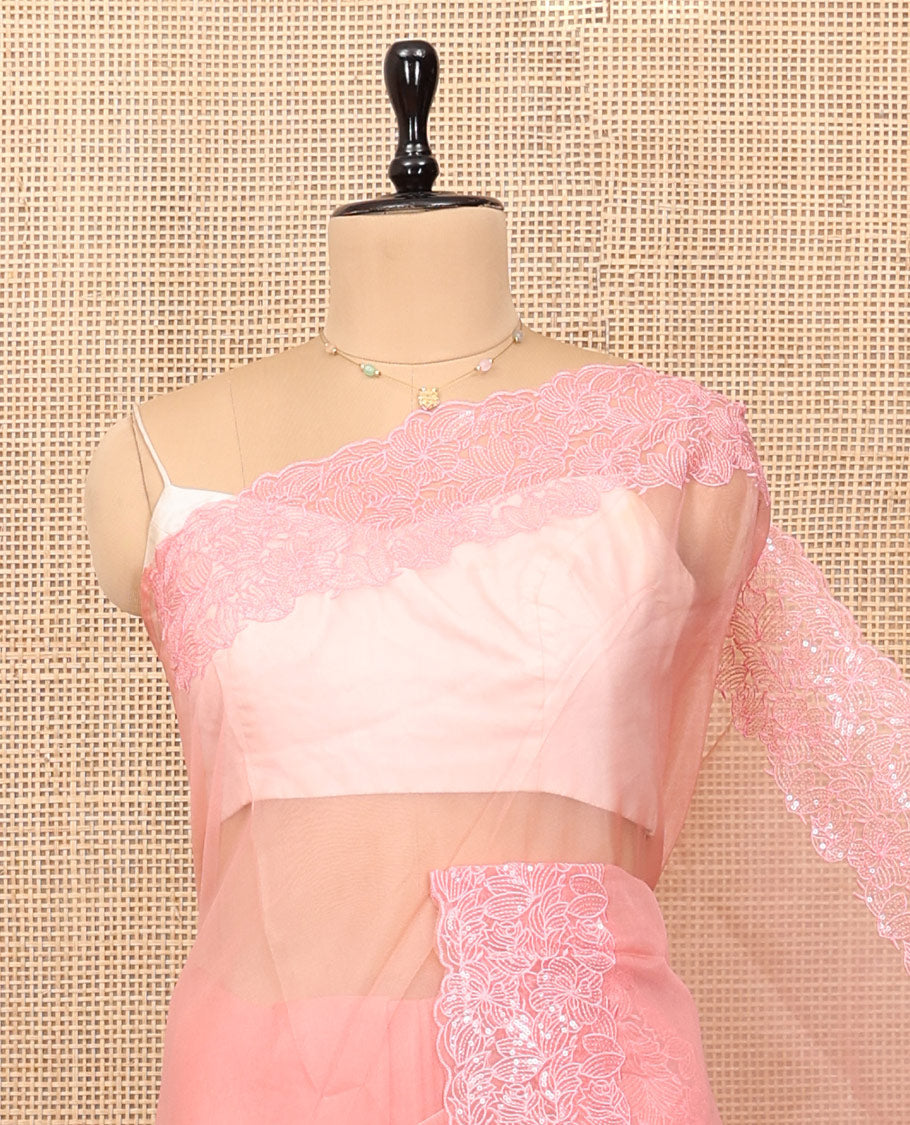 Pink Plain Organza Saree, a Scallop Floral Sequins Embroidered Border, and a Matching Blouse
