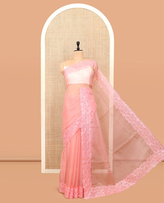 Pink Plain Organza Saree, a Scallop Floral Sequins Embroidered Border, and a Matching Blouse