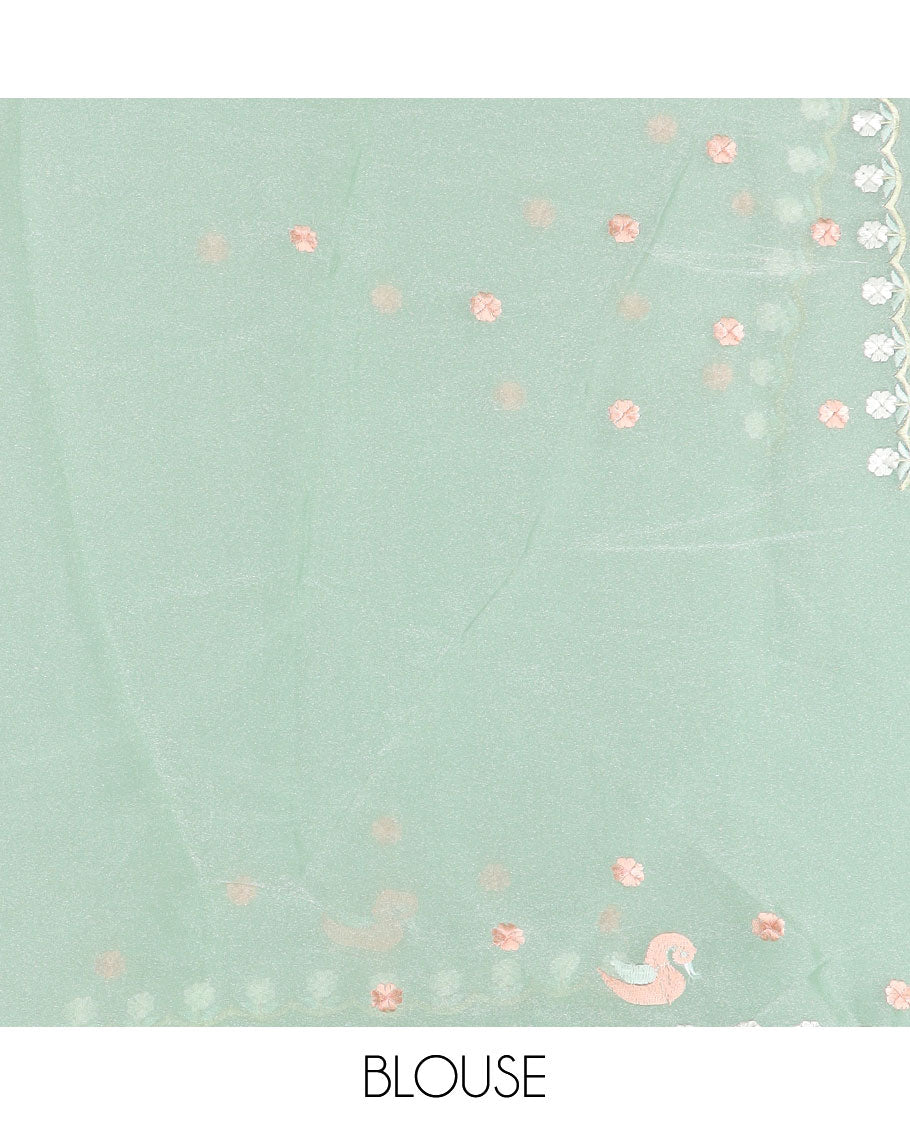 Green floral vine embroidered with stone work designer saree, scallop floral vine and birds embroidered border