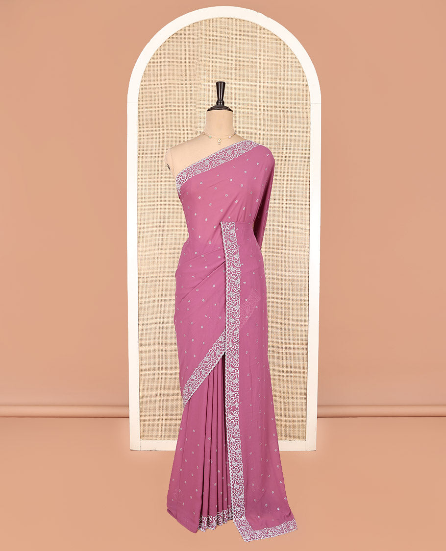 Pink Designer Saree, Gleamed Up with Micro-Stone Work, Scallop Micro-Stone Work Border, a Self-Pallu, and a Matching Blouse