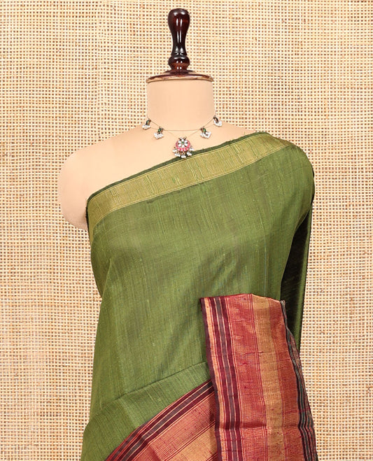 Green Plain Dupion Silk Saree, Complemented by a Contrast Temple Zari Border, Striped Pallu, and a Contrast Blouse