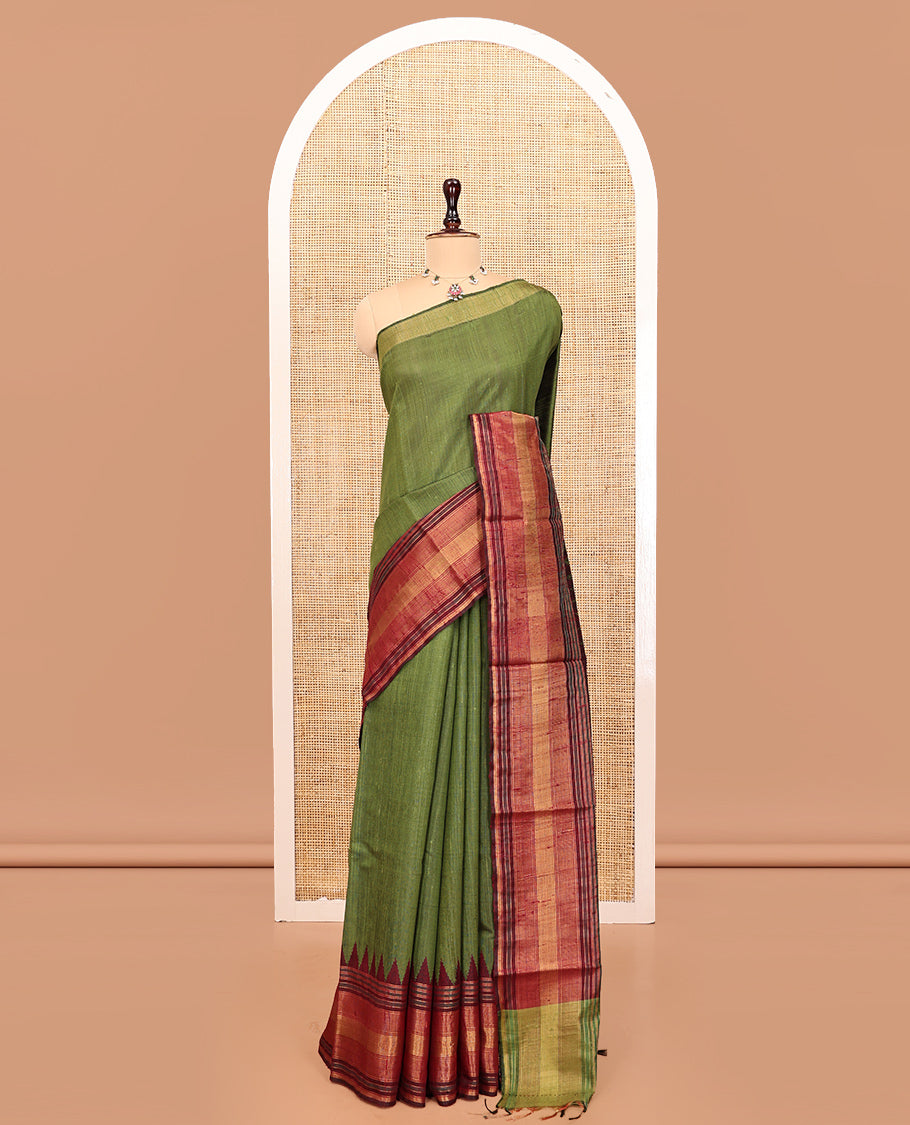 Green Plain Dupion Silk Saree, Complemented by a Contrast Temple Zari Border, Striped Pallu, and a Contrast Blouse