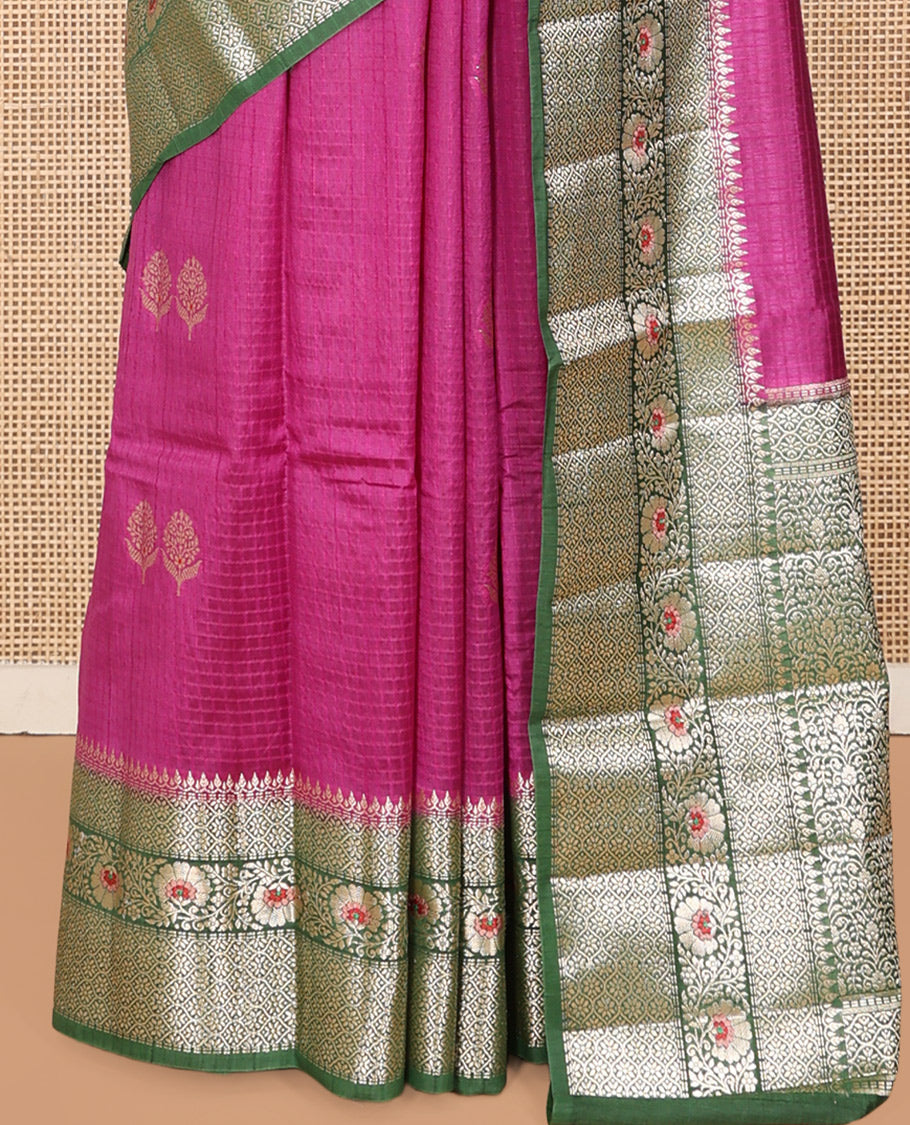 Rani Pink Raw mango Silk Saree, Subtly Sparkled with Checks and Floral Buttas, a Contrast Floral Creeper Border, Intricate Pallu, and a Contrast Blouse