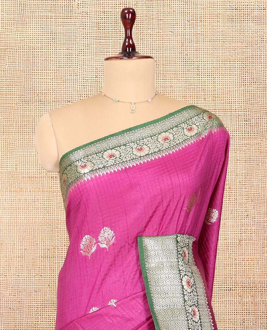 Rani Pink Raw mango Silk Saree, Subtly Sparkled with Checks and Floral Buttas, a Contrast Floral Creeper Border, Intricate Pallu, and a Contrast Blouse