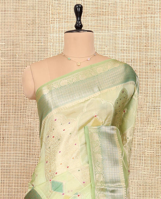 Green Dupion Silk Saree, Graced with Rangkat-Style Mughal Designs, a Contrast Traditional Zari Border, Ogee Pallu, and a Contrast Blouse