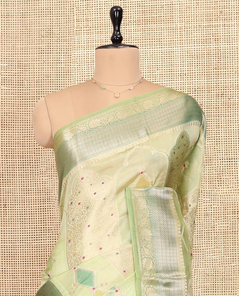 Green Dupion Silk Saree, Graced with Rangkat-Style Mughal Designs, a Contrast Traditional Zari Border, Ogee Pallu, and a Contrast Blouse