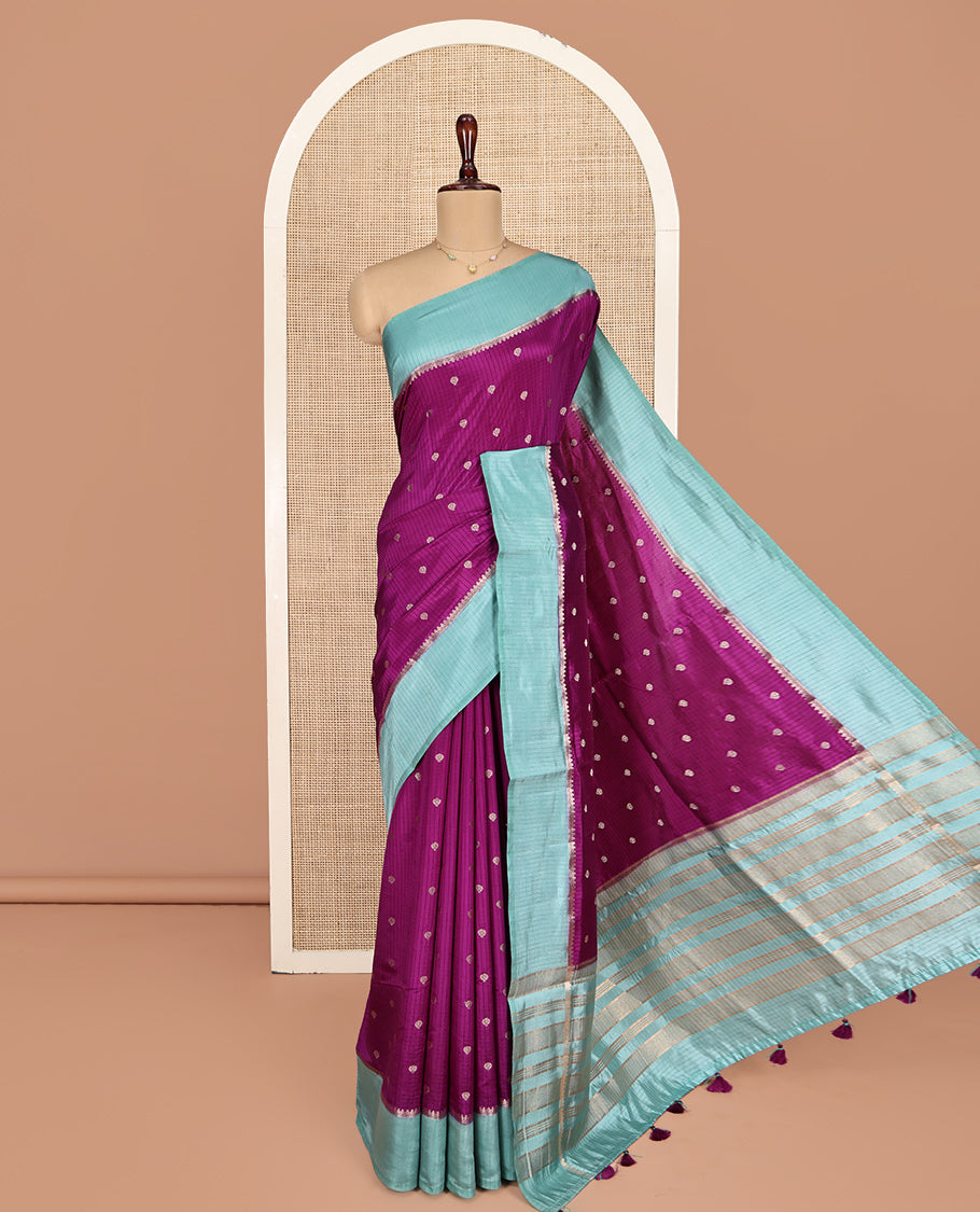 Purple Semi-Banaras Dupion Saree, Gleamed Up with Checks and Buttas, Complemented by Contrast Border, Zari Striped Pallu, and a Contrast Blouse