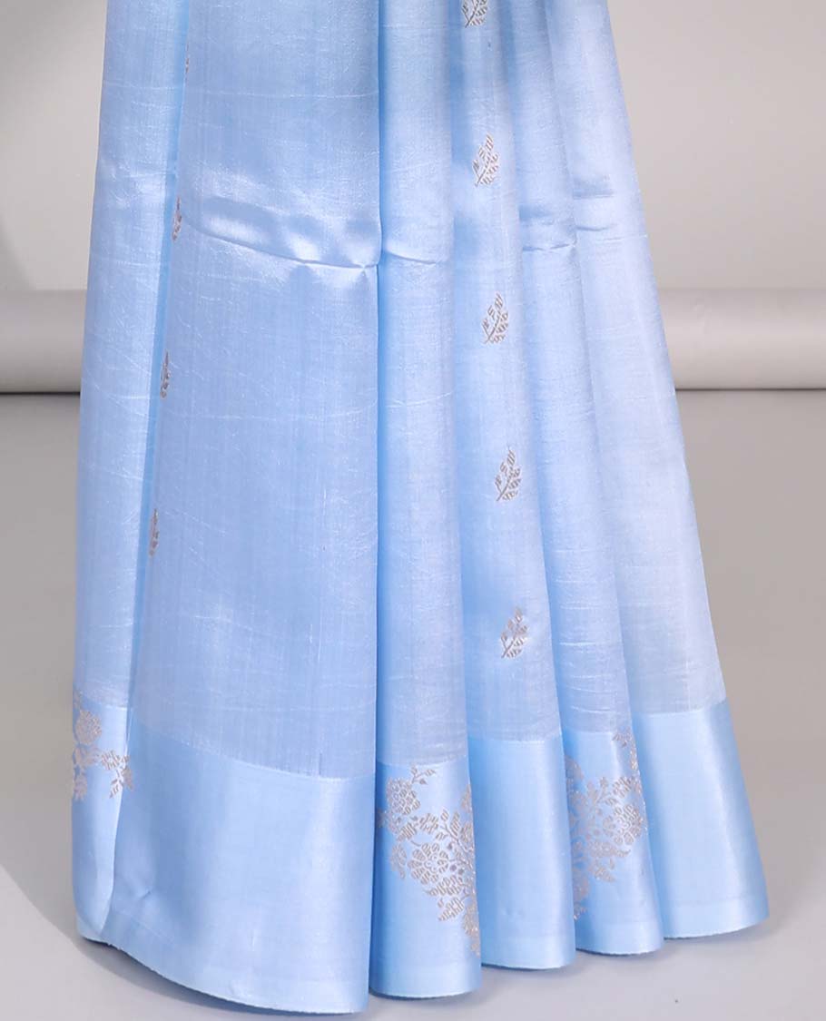 Blue floral buttas raw mango silk saree with self floral border & jaal zari design pallu